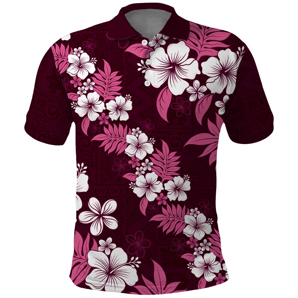 Hawaiian Hibiscus Tribal Floral Pink Polo Shirt Polynesian Tapa Pattern - Polynesian Pride