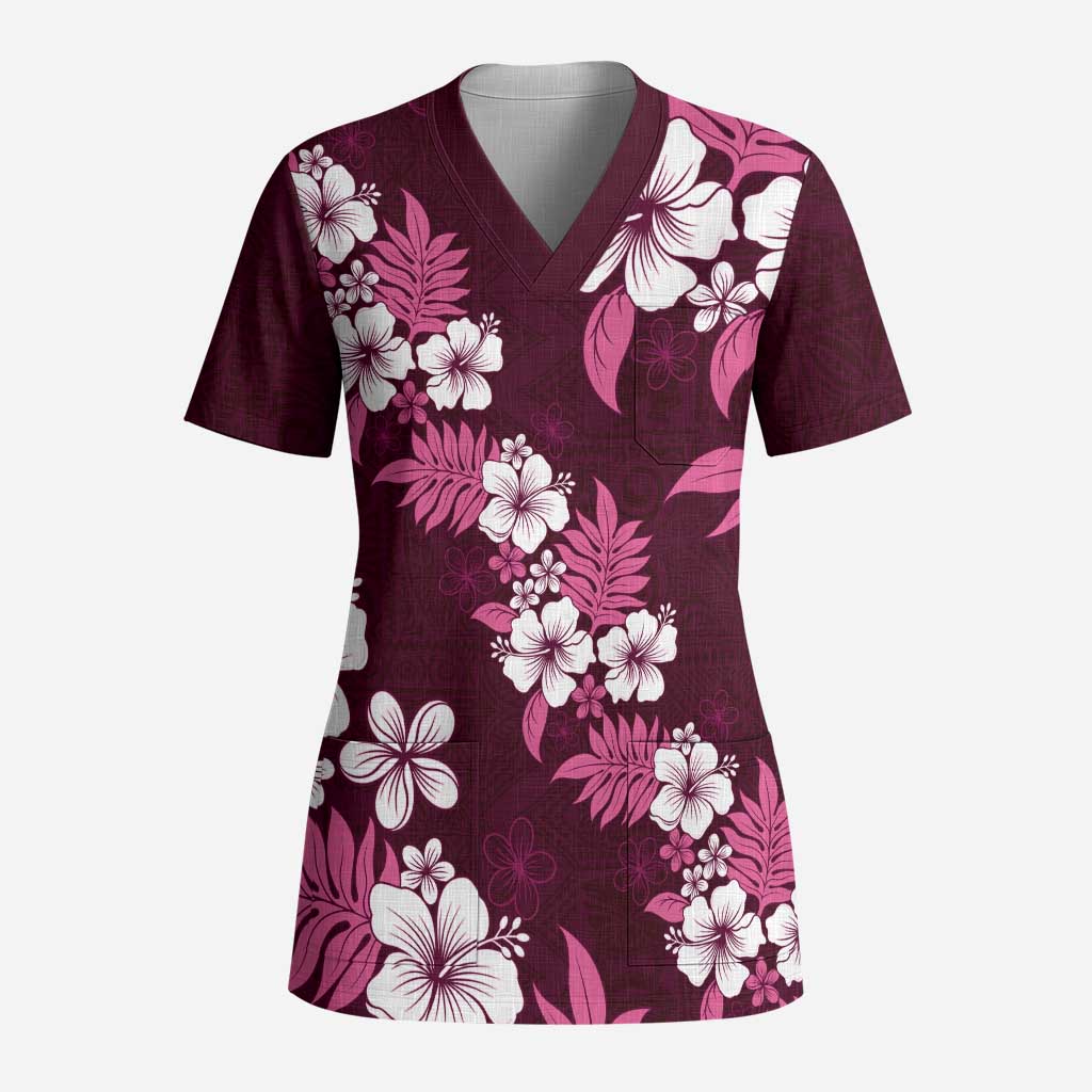 Hawaiian Hibiscus Tribal Floral Pink Scrub Top Polynesian Tapa Pattern - Polynesian Pride