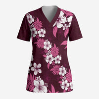 Hawaiian Hibiscus Tribal Floral Pink Scrub Top Polynesian Tapa Pattern - Polynesian Pride