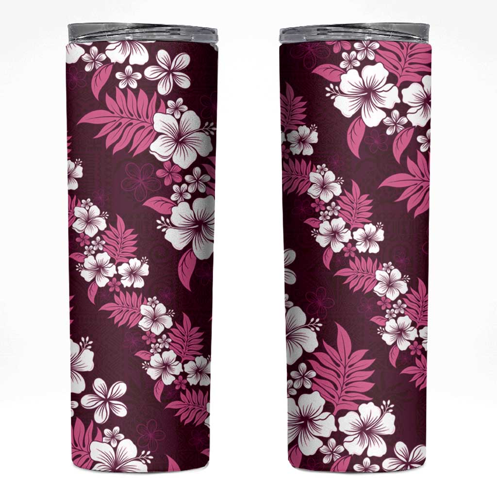 Hawaiian Hibiscus Tribal Floral Pink Skinny Tumbler Polynesian Tapa Pattern - Polynesian Pride