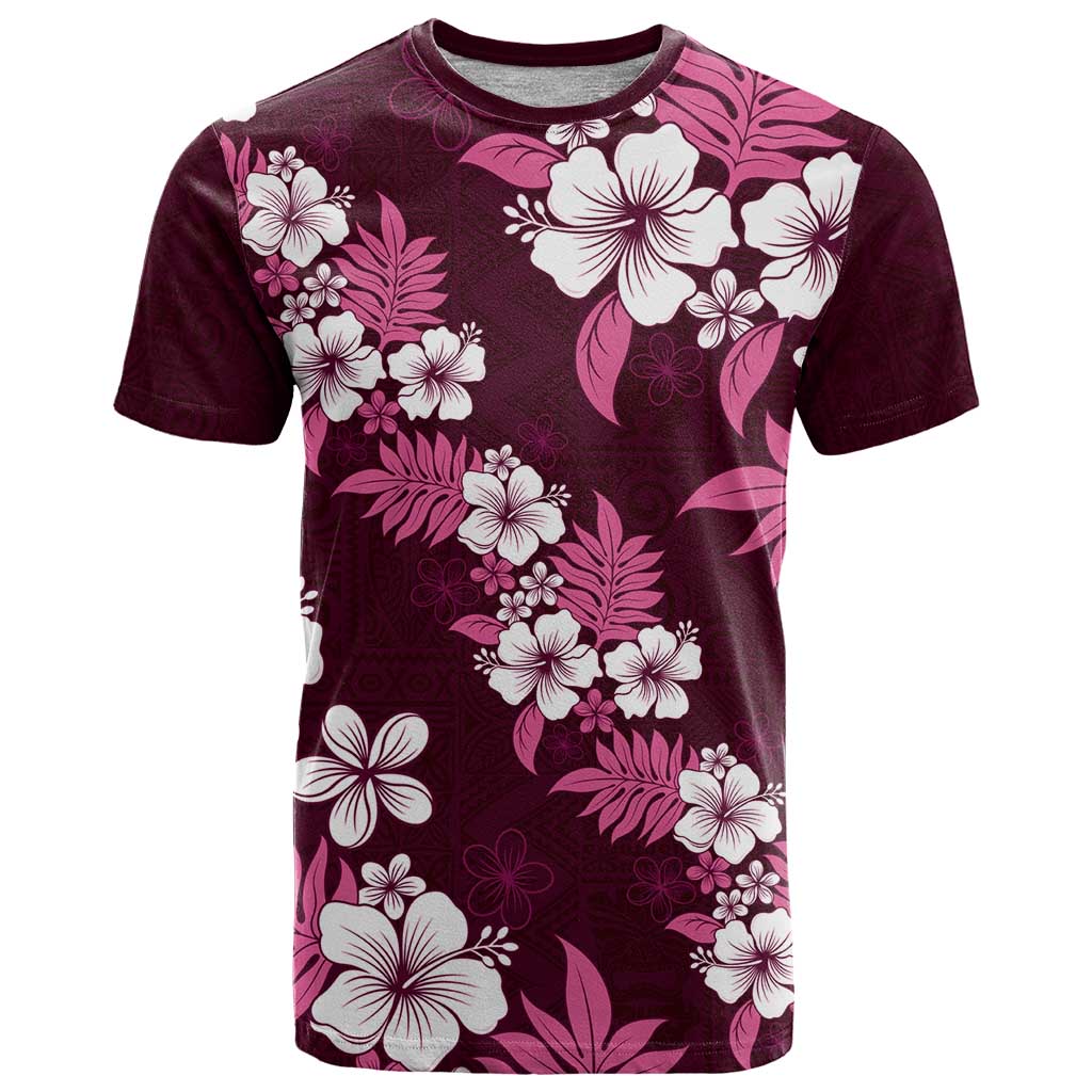 Hawaiian Hibiscus Tribal Floral Pink T Shirt Polynesian Tapa Pattern - Polynesian Pride