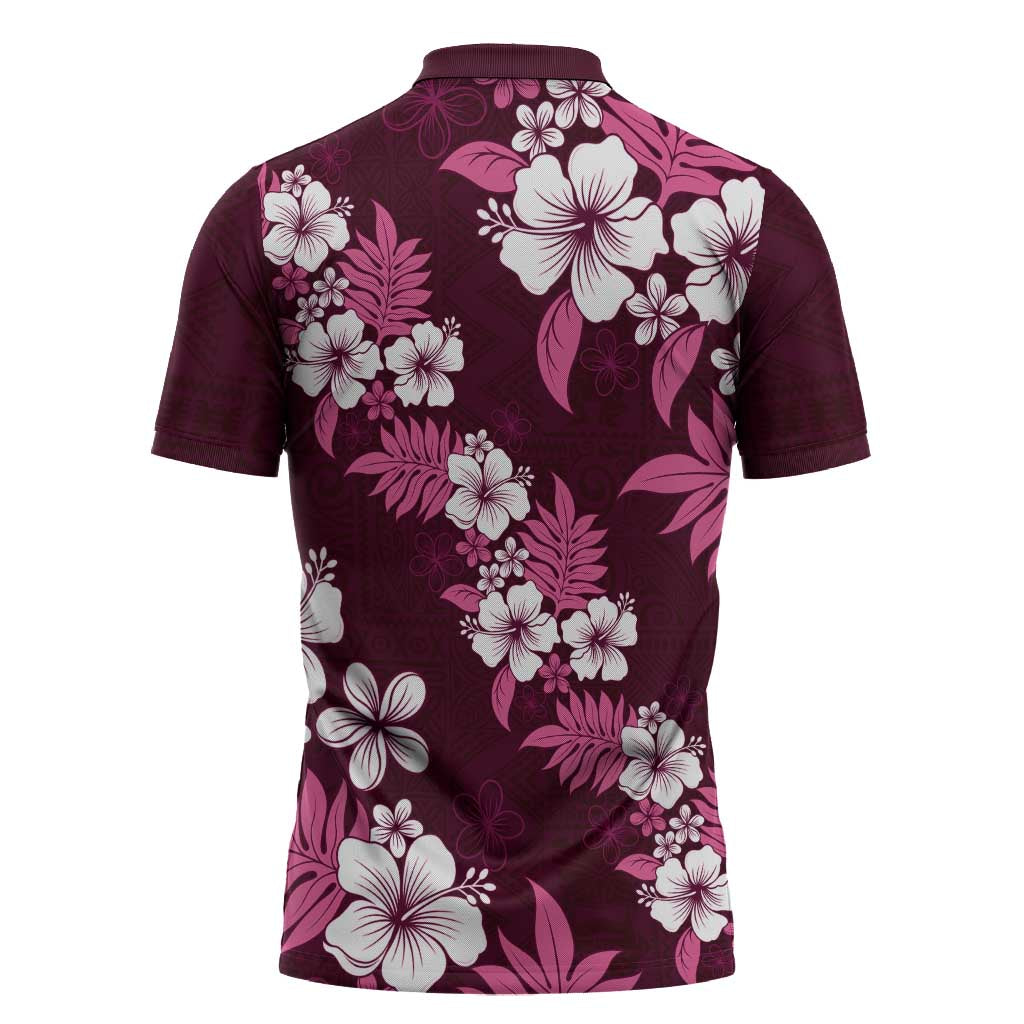 Hawaiian Hibiscus Tribal Floral Pink Zipper Polo Shirt Polynesian Tapa Pattern - Polynesian Pride