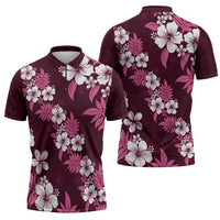 Hawaiian Hibiscus Tribal Floral Pink Zipper Polo Shirt Polynesian Tapa Pattern - Polynesian Pride