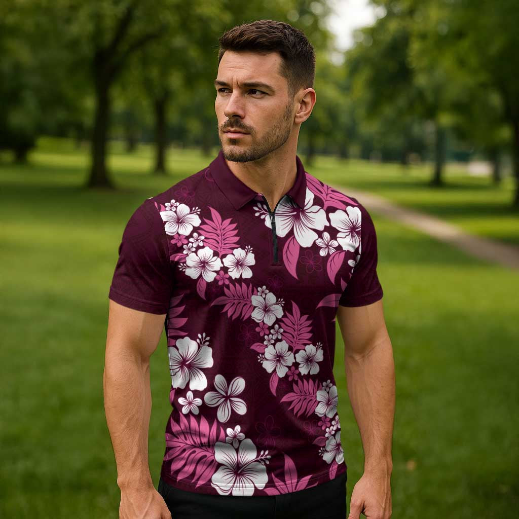Hawaiian Hibiscus Tribal Floral Pink Zipper Polo Shirt Polynesian Tapa Pattern - Polynesian Pride