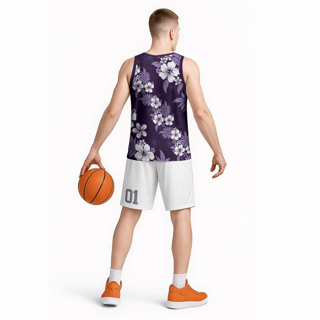 Hawaiian Hibiscus Tribal Floral Purple Basketball Jersey Polynesian Tapa Pattern - Polynesian Pride