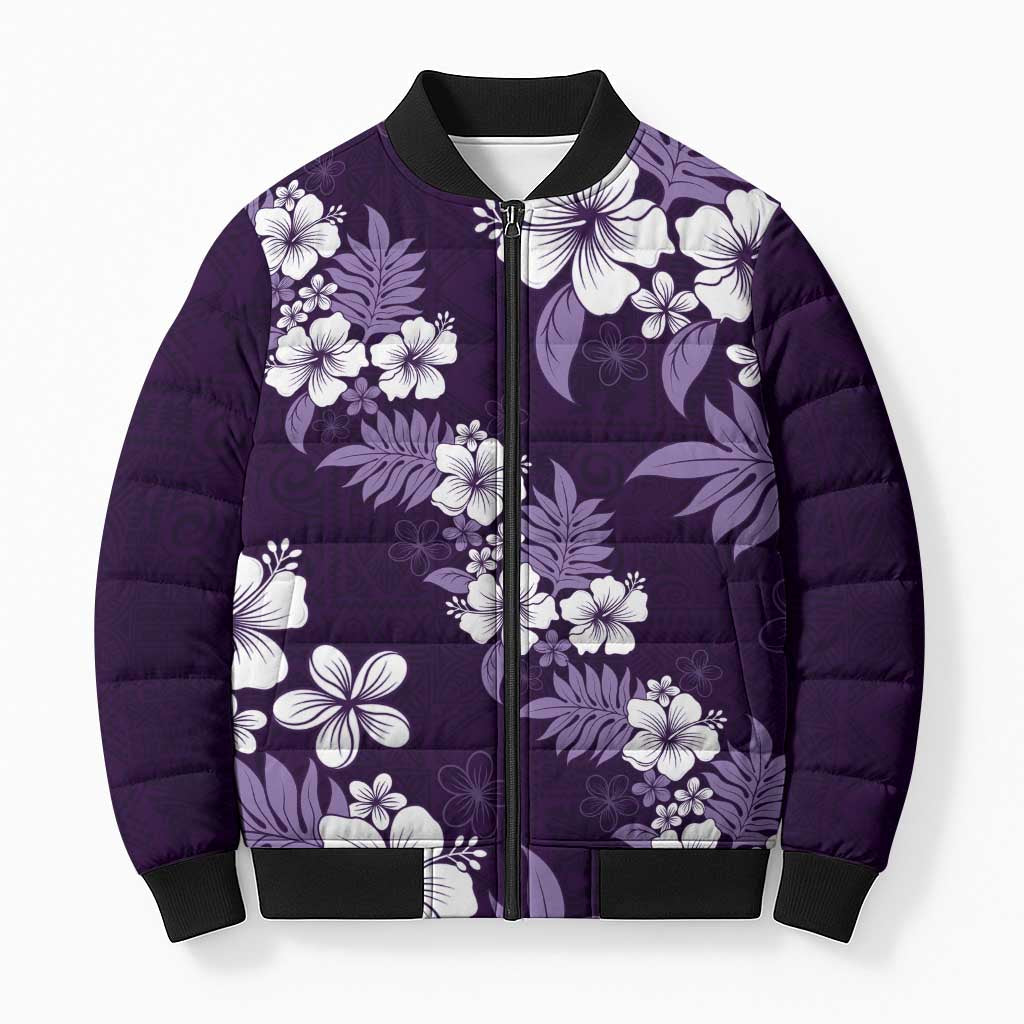 Hawaiian Hibiscus Tribal Floral Purple Bomber Puffer Jacket Polynesian Tapa Pattern - Polynesian Pride