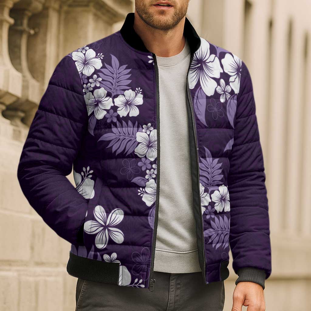 Hawaiian Hibiscus Tribal Floral Purple Bomber Puffer Jacket Polynesian Tapa Pattern - Polynesian Pride