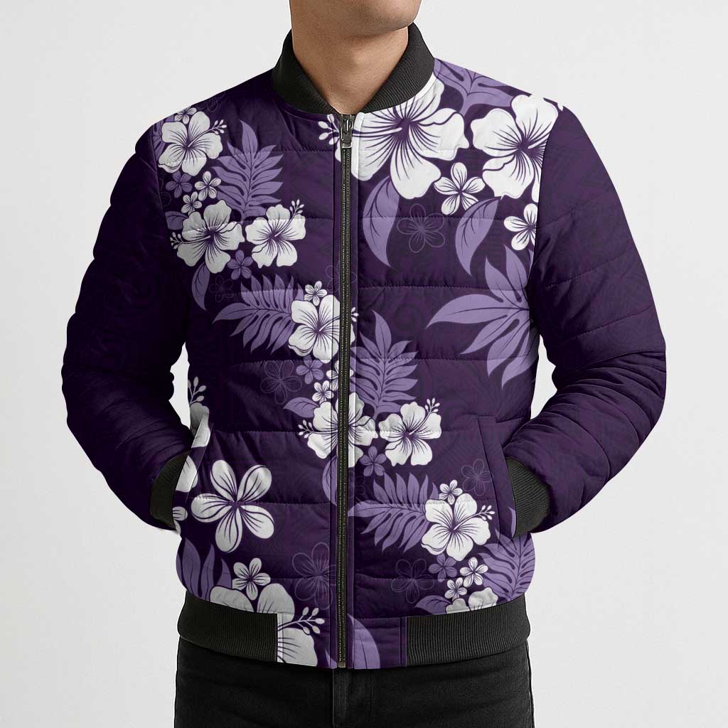 Hawaiian Hibiscus Tribal Floral Purple Bomber Puffer Jacket Polynesian Tapa Pattern - Polynesian Pride