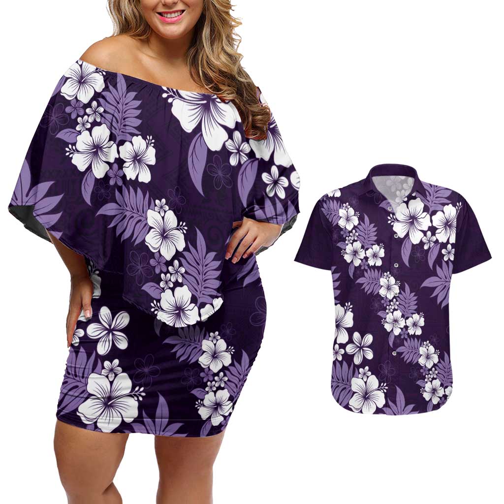 Hawaiian Hibiscus Tribal Floral Purple Couples Matching Off Shoulder Short Dress and Hawaiian Shirt Polynesian Tapa Pattern - Polynesian Pride
