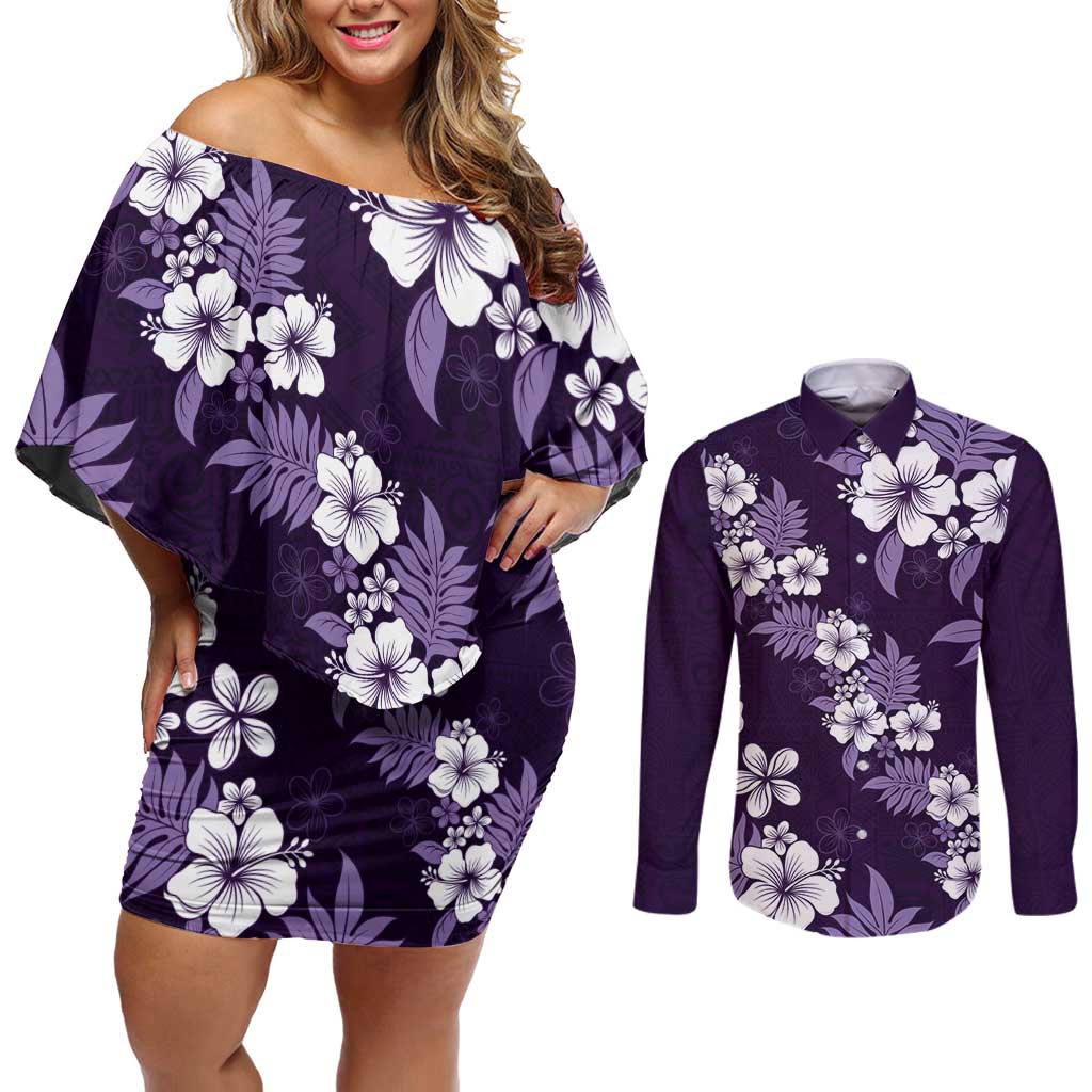 Hawaiian Hibiscus Tribal Floral Purple Couples Matching Off Shoulder Short Dress and Long Sleeve Button Shirt Polynesian Tapa Pattern - Polynesian Pride