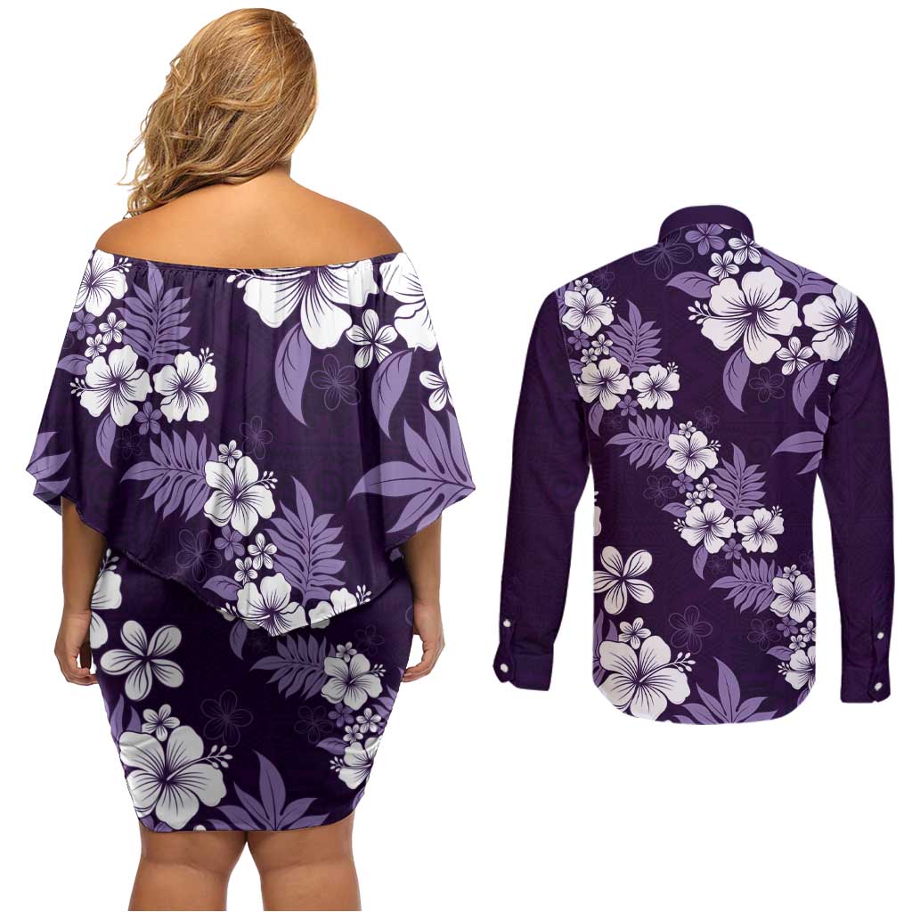 Hawaiian Hibiscus Tribal Floral Purple Couples Matching Off Shoulder Short Dress and Long Sleeve Button Shirt Polynesian Tapa Pattern - Polynesian Pride