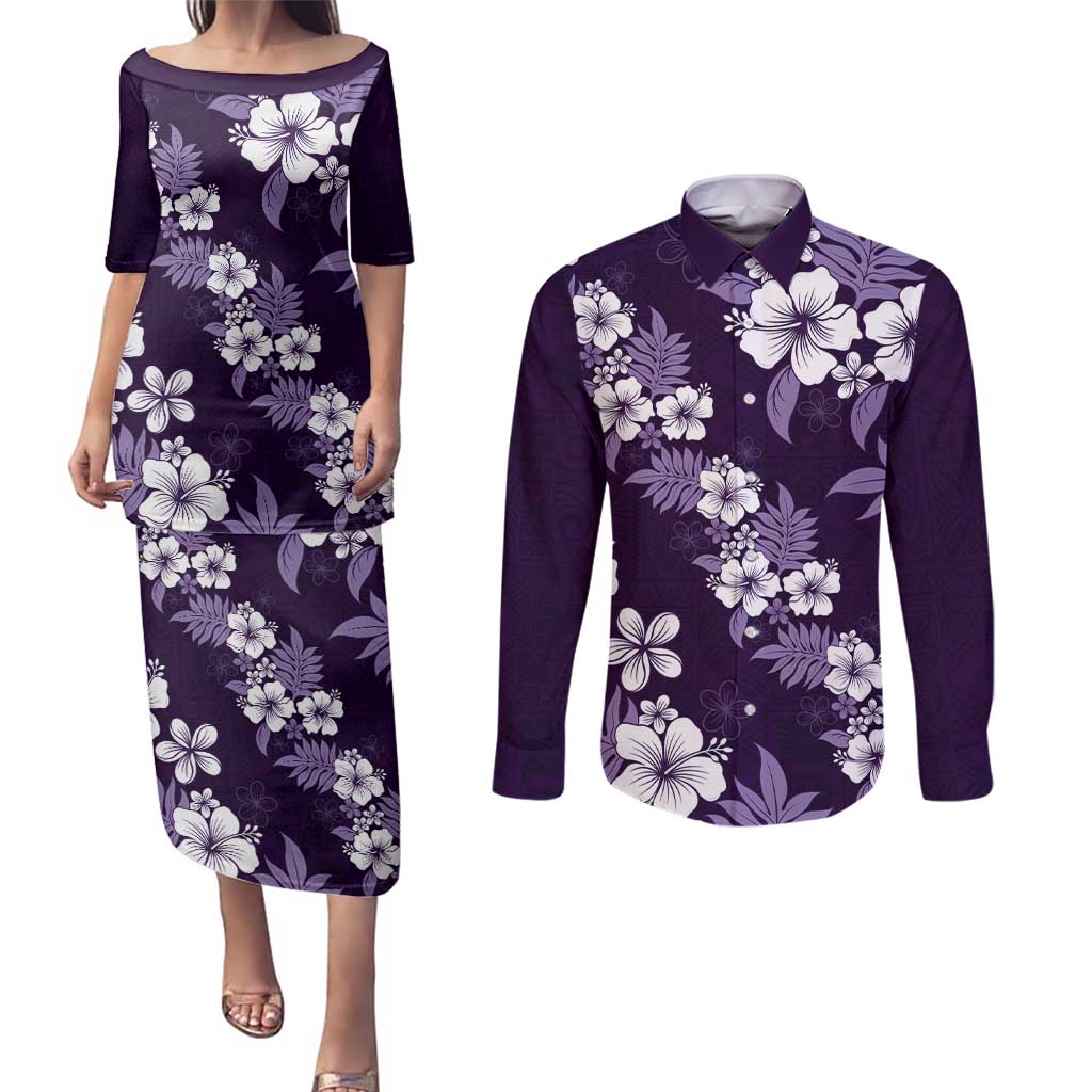 Hawaiian Hibiscus Tribal Floral Purple Couples Matching Puletasi and Long Sleeve Button Shirt Polynesian Tapa Pattern LT01 Purple - Polynesian Pride