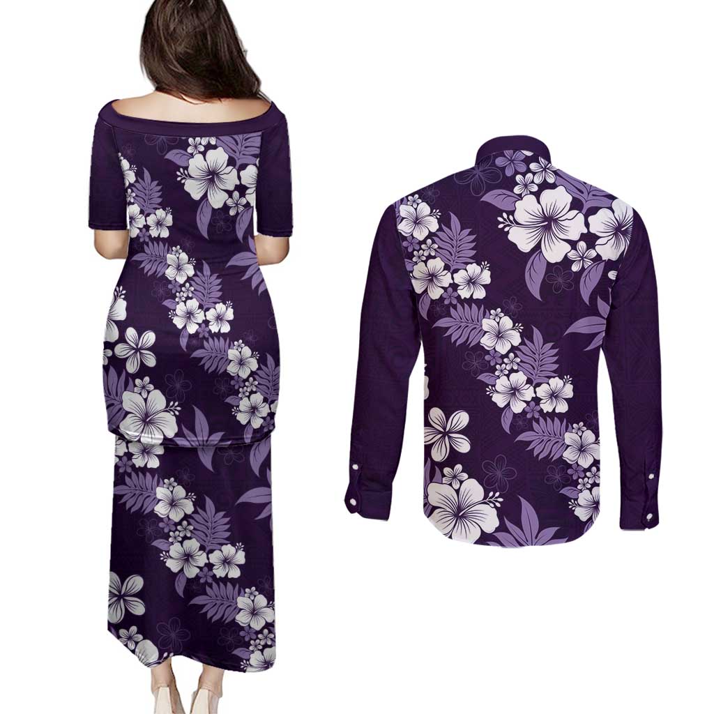 Hawaiian Hibiscus Tribal Floral Purple Couples Matching Puletasi and Long Sleeve Button Shirt Polynesian Tapa Pattern LT01 - Polynesian Pride