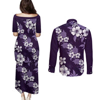 Hawaiian Hibiscus Tribal Floral Purple Couples Matching Puletasi and Long Sleeve Button Shirt Polynesian Tapa Pattern LT01 - Polynesian Pride