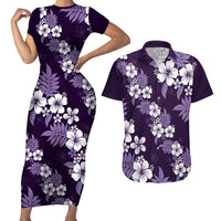 Hawaiian Hibiscus Tribal Floral Purple Couples Matching Short Sleeve Bodycon Dress and Hawaiian Shirt Polynesian Tapa Pattern - Polynesian Pride