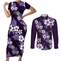 Hawaiian Hibiscus Tribal Floral Purple Couples Matching Short Sleeve Bodycon Dress and Long Sleeve Button Shirt Polynesian Tapa Pattern - Polynesian Pride