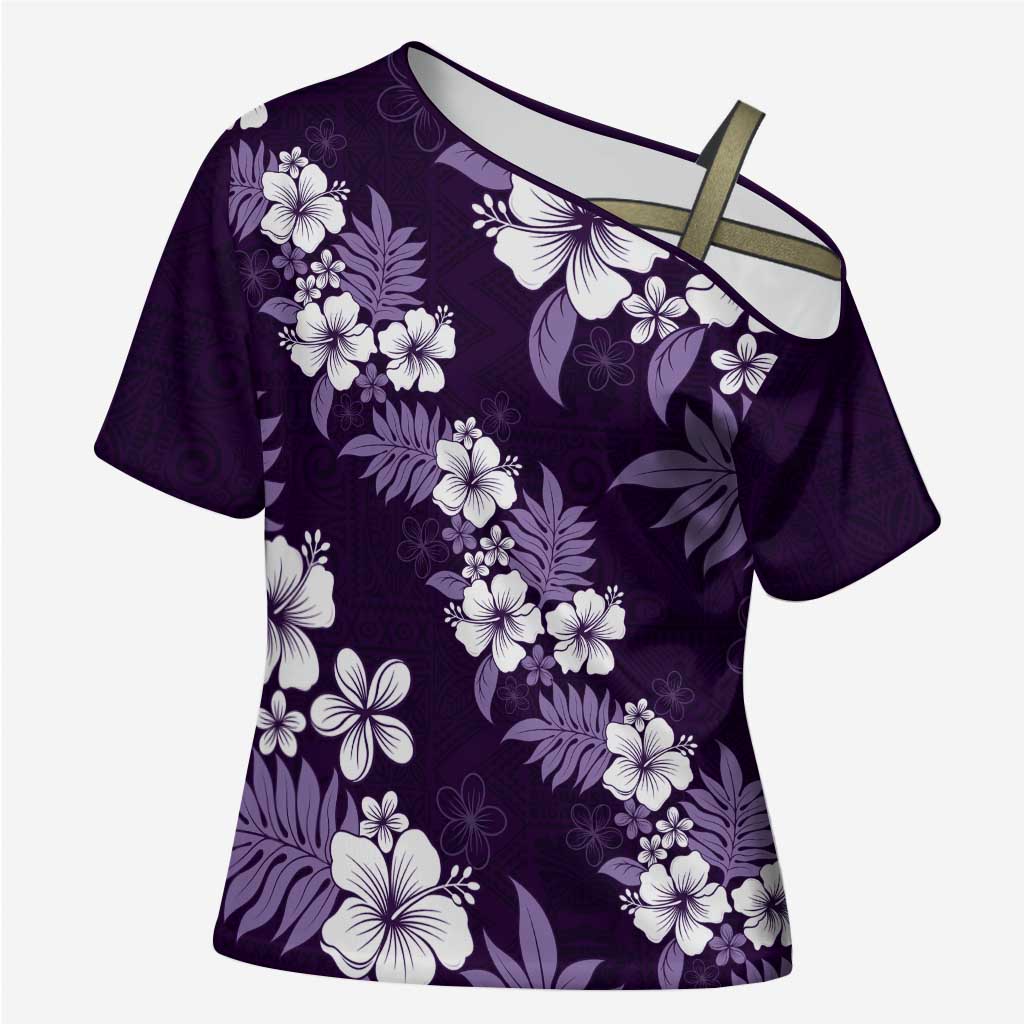 Hawaiian Hibiscus Tribal Floral Purple Cross Shoulder Shirt Polynesian Tapa Pattern - Polynesian Pride