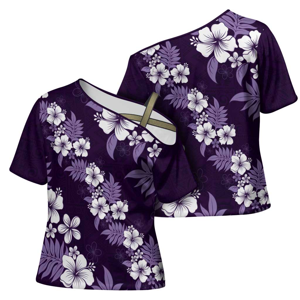 Hawaiian Hibiscus Tribal Floral Purple Cross Shoulder Shirt Polynesian Tapa Pattern - Polynesian Pride