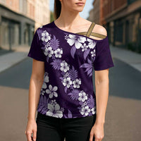 Hawaiian Hibiscus Tribal Floral Purple Cross Shoulder Shirt Polynesian Tapa Pattern - Polynesian Pride