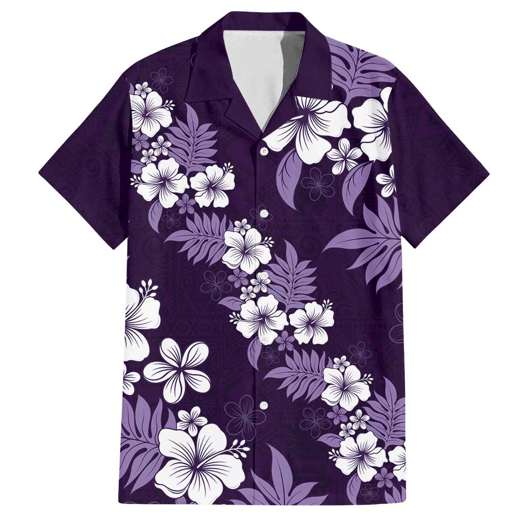 Hawaiian Hibiscus Tribal Floral Purple Family Matching Long Sleeve Bodycon Dress and Hawaiian Shirt Polynesian Tapa Pattern - Polynesian Pride