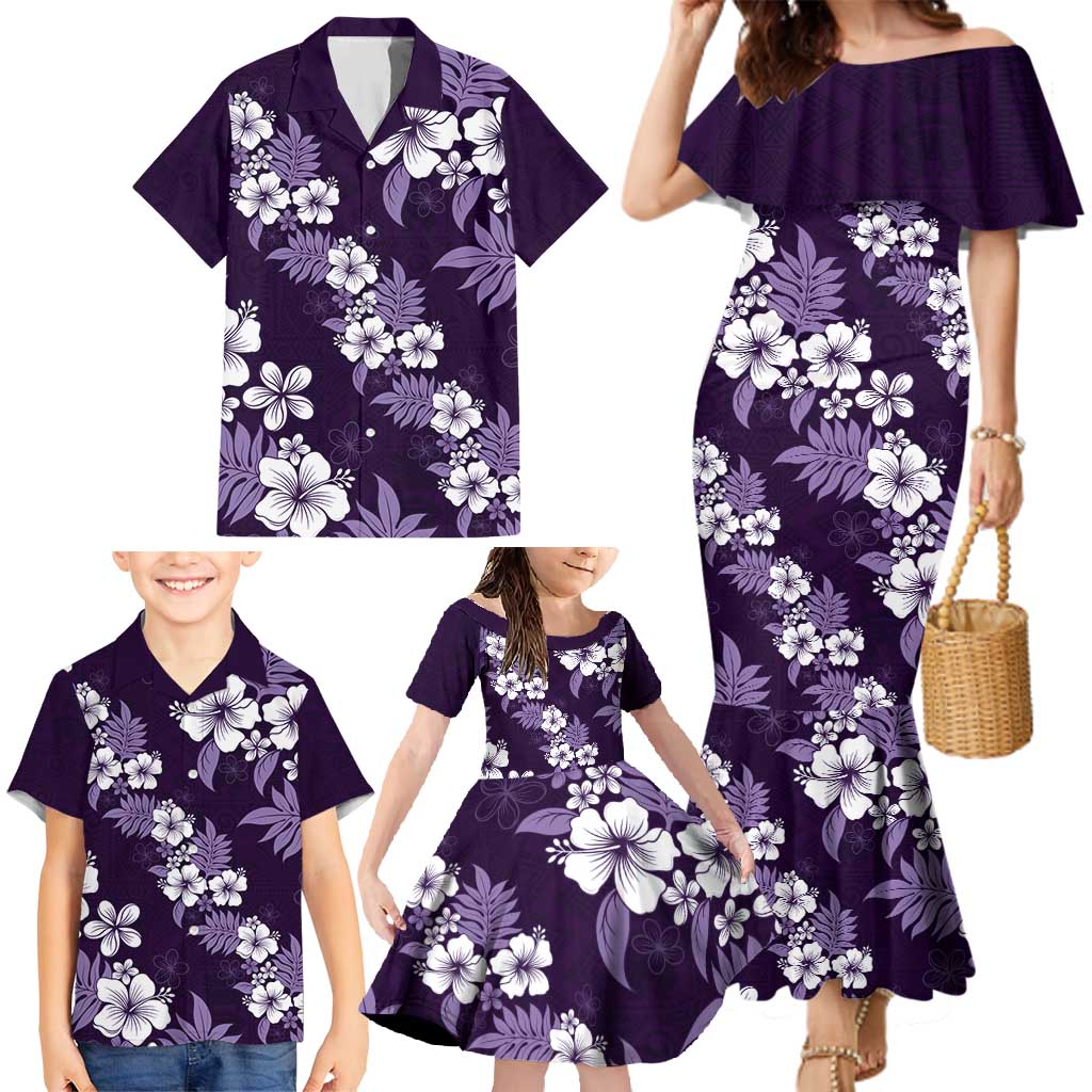 Hawaiian Hibiscus Tribal Floral Purple Family Matching Mermaid Dress and Hawaiian Shirt Polynesian Tapa Pattern - Polynesian Pride