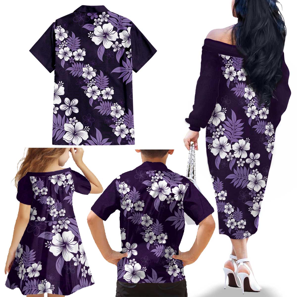Hawaiian Hibiscus Tribal Floral Purple Family Matching Off The Shoulder Long Sleeve Dress and Hawaiian Shirt Polynesian Tapa Pattern - Polynesian Pride