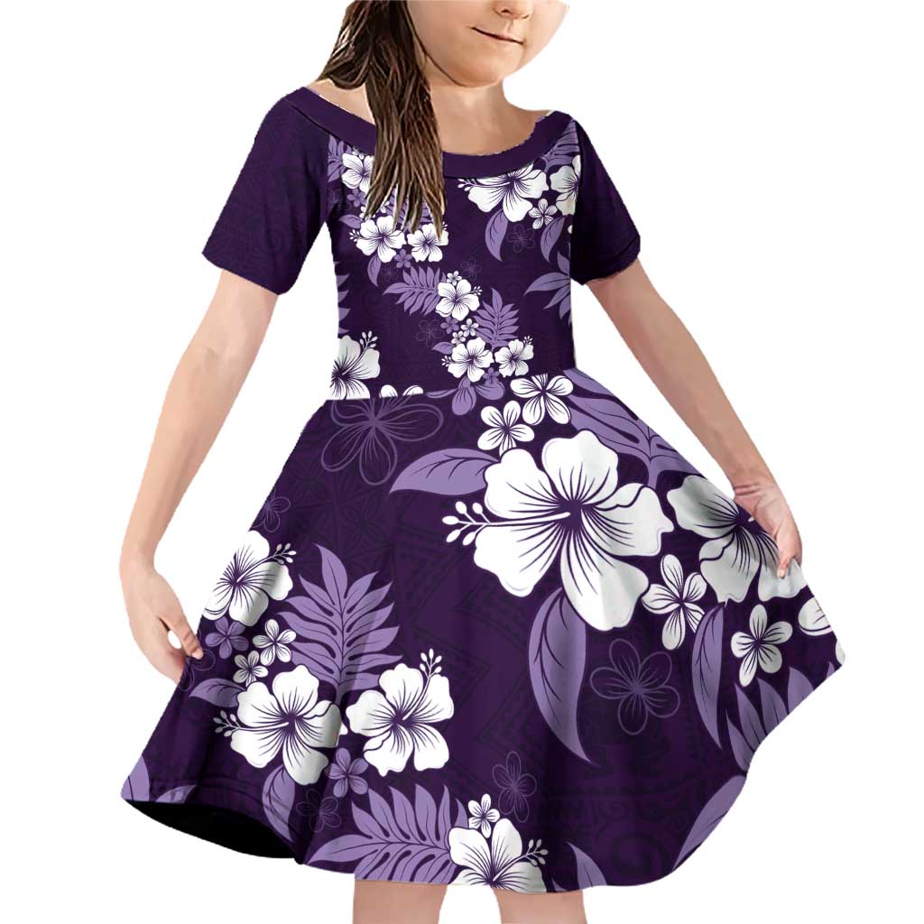 Hawaiian Hibiscus Tribal Floral Purple Family Matching Off Shoulder Short Dress and Hawaiian Shirt Polynesian Tapa Pattern - Polynesian Pride