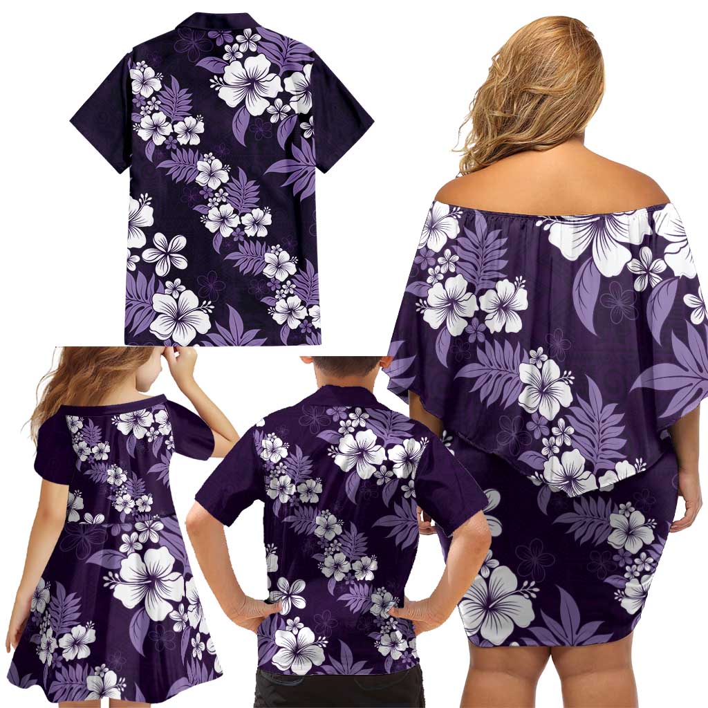 Hawaiian Hibiscus Tribal Floral Purple Family Matching Off Shoulder Short Dress and Hawaiian Shirt Polynesian Tapa Pattern - Polynesian Pride