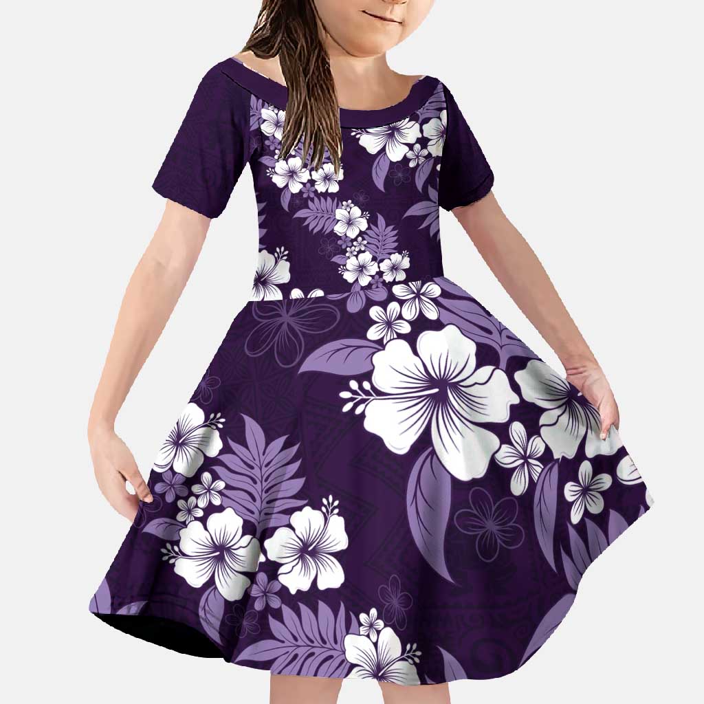 Hawaiian Hibiscus Tribal Floral Purple Family Matching Short Sleeve Bodycon Dress and Hawaiian Shirt Polynesian Tapa Pattern - Polynesian Pride