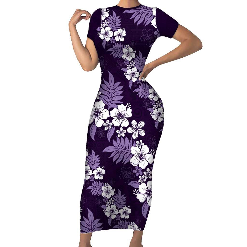 Hawaiian Hibiscus Tribal Floral Purple Family Matching Short Sleeve Bodycon Dress and Hawaiian Shirt Polynesian Tapa Pattern - Polynesian Pride