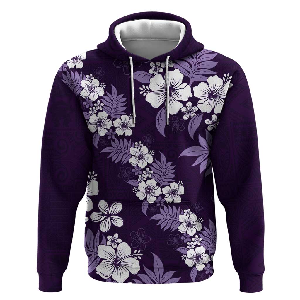 Hawaiian Hibiscus Tribal Floral Purple Hoodie Polynesian Tapa Pattern - Polynesian Pride