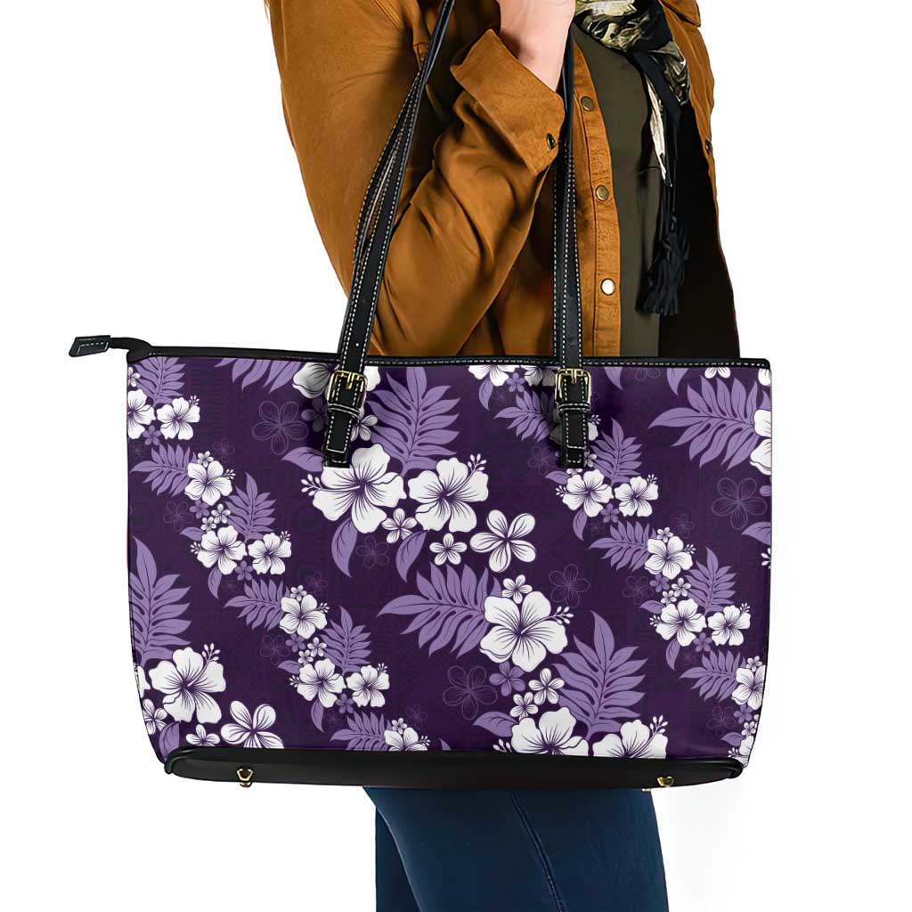 Hawaiian Hibiscus Tribal Floral Purple Leather Tote Bag Polynesian Tapa Pattern - Polynesian Pride