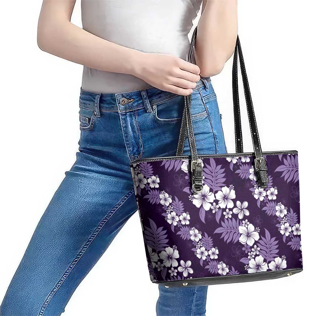 Hawaiian Hibiscus Tribal Floral Purple Leather Tote Bag Polynesian Tapa Pattern - Polynesian Pride