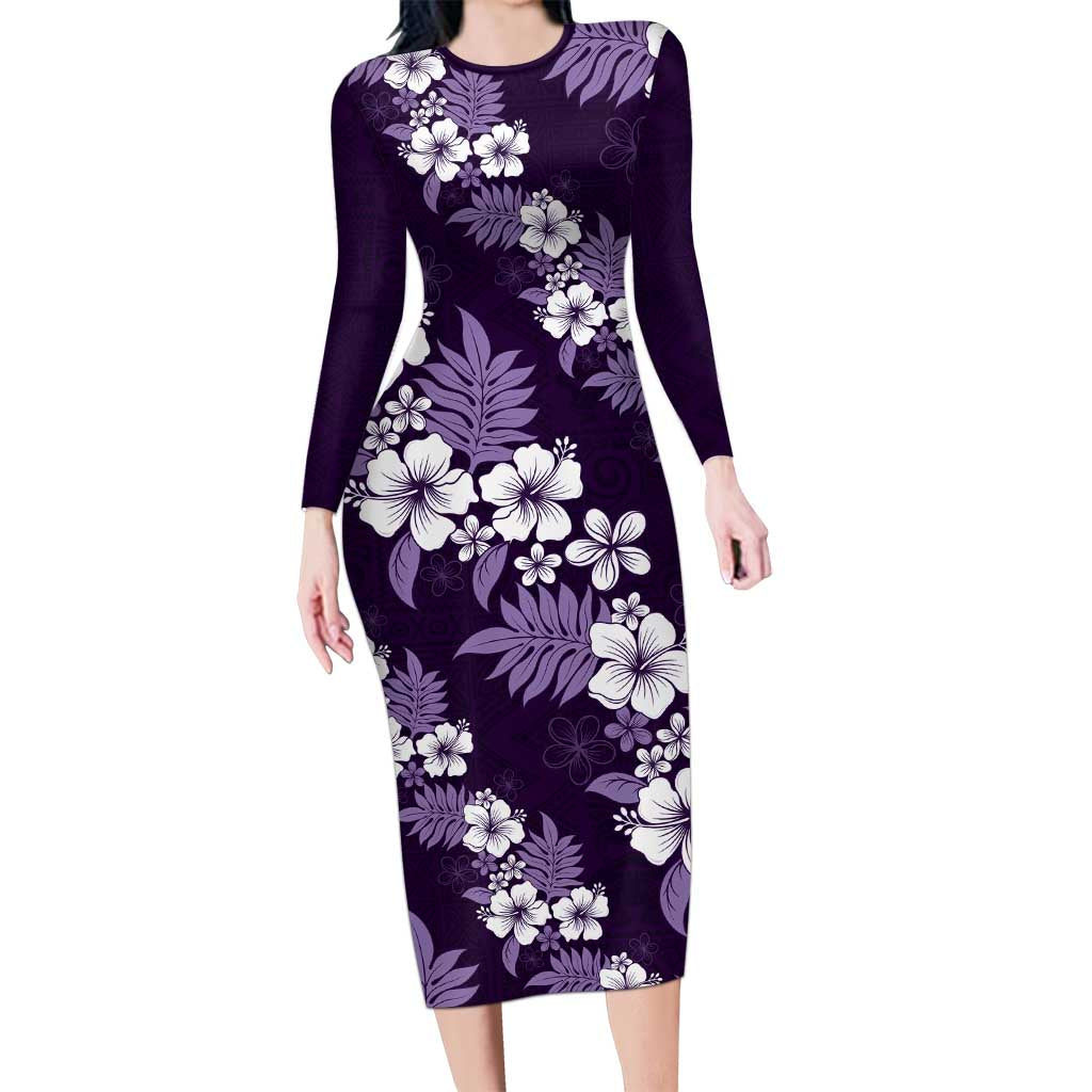 Hawaiian Hibiscus Tribal Floral Purple Long Sleeve Bodycon Dress Polynesian Tapa Pattern - Polynesian Pride