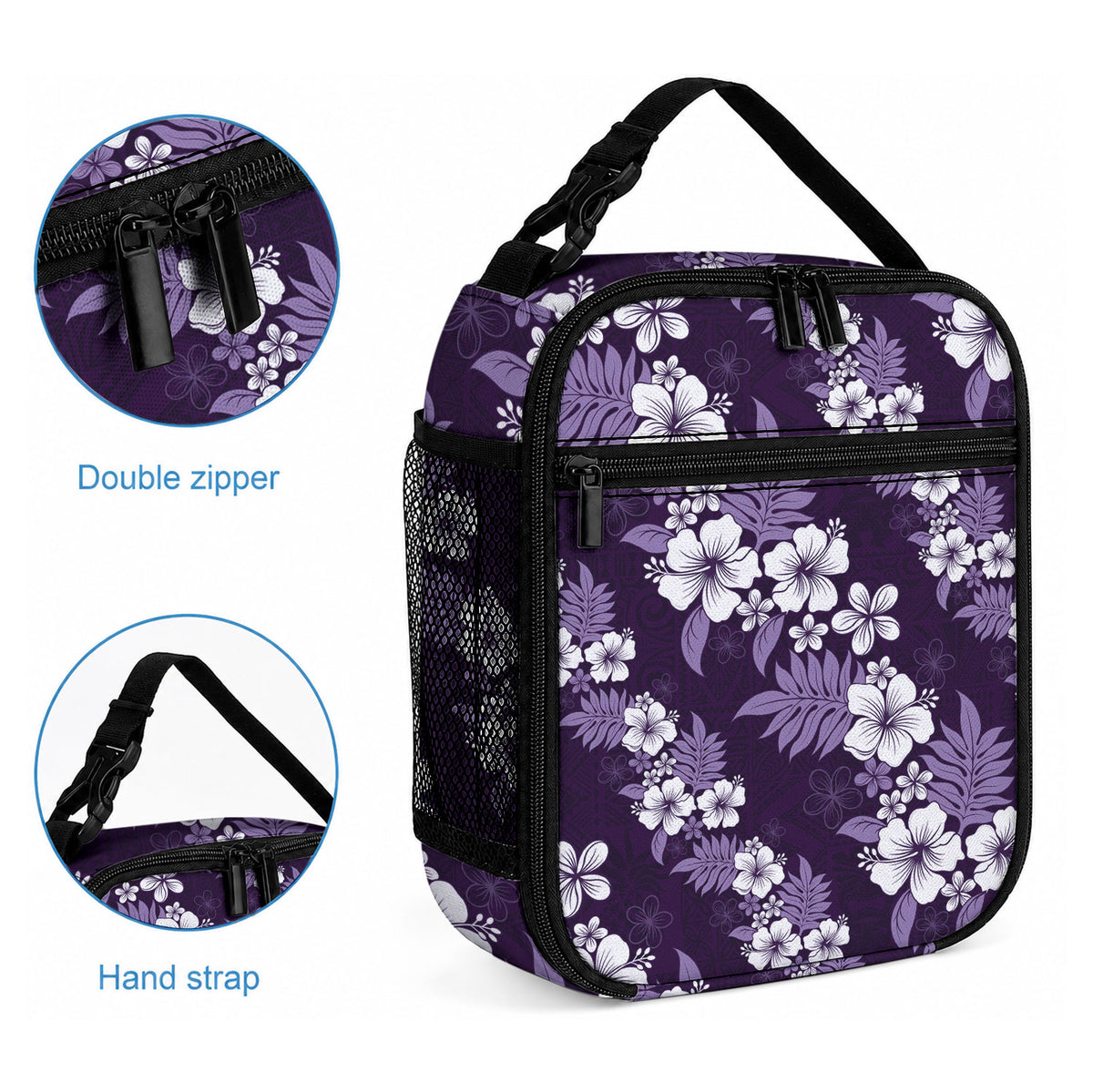 Hawaiian Hibiscus Tribal Floral Purple Lunch Bag Polynesian Tapa Pattern