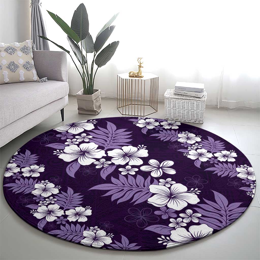 Hawaiian Hibiscus Tribal Floral Purple Round Carpet Polynesian Tapa Pattern - Polynesian Pride