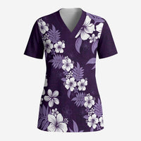 Hawaiian Hibiscus Tribal Floral Purple Scrub Top Polynesian Tapa Pattern - Polynesian Pride