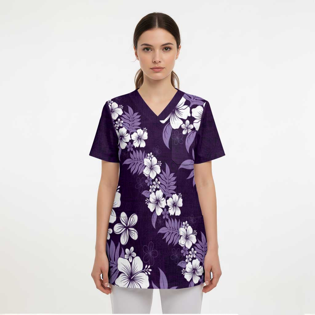 Hawaiian Hibiscus Tribal Floral Purple Scrub Top Polynesian Tapa Pattern - Polynesian Pride