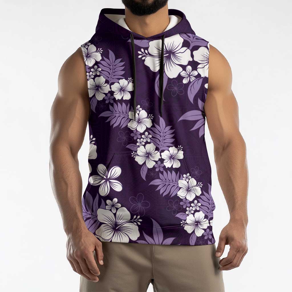 Hawaiian Hibiscus Tribal Floral Purple Sleeveless Hoodie Polynesian Tapa Pattern - Polynesian Pride