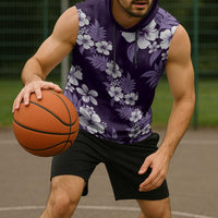 Hawaiian Hibiscus Tribal Floral Purple Sleeveless Hoodie Polynesian Tapa Pattern - Polynesian Pride