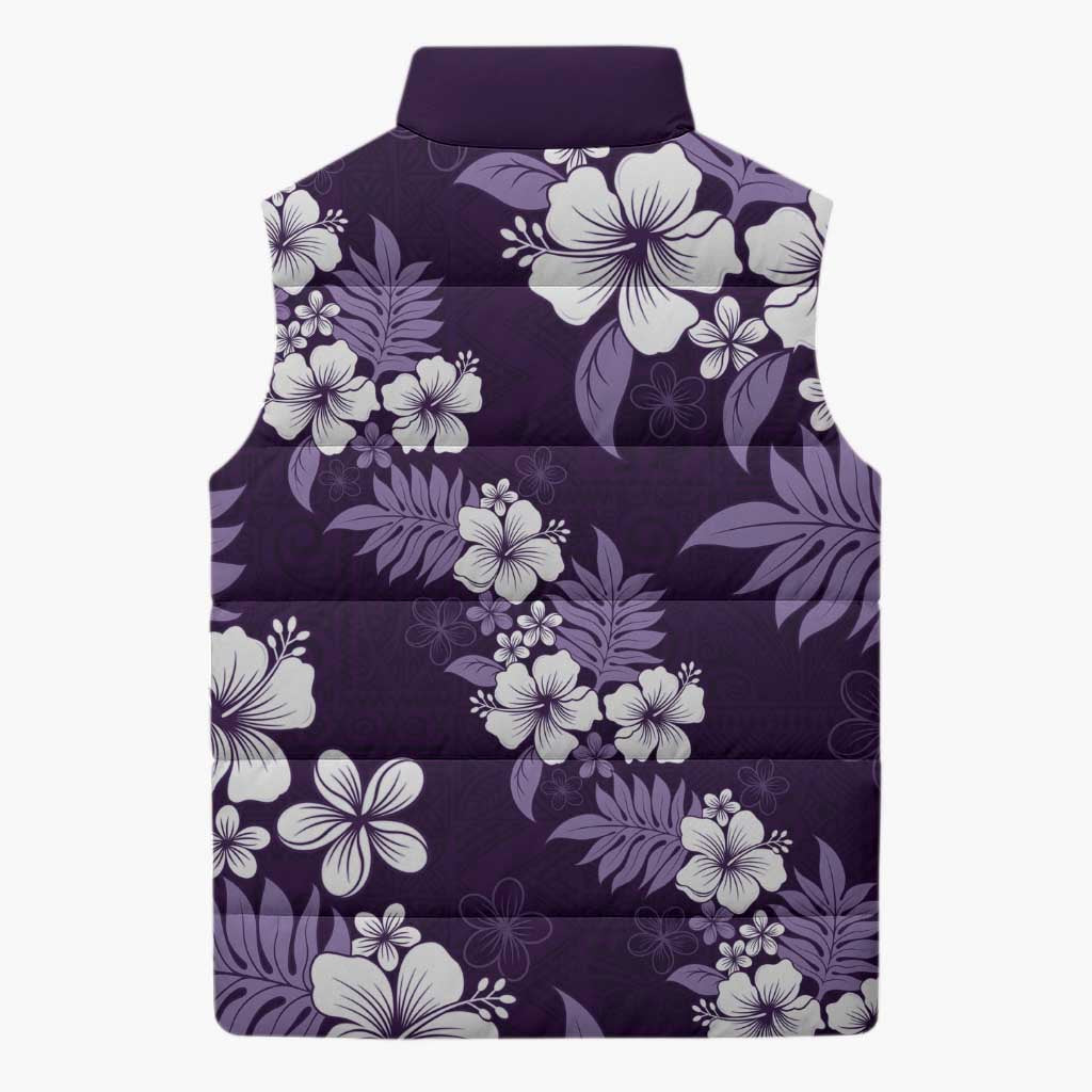 Hawaiian Hibiscus Tribal Floral Purple Sleeveless Puffer Jacket Polynesian Tapa Pattern - Polynesian Pride