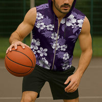 Hawaiian Hibiscus Tribal Floral Purple Sleeveless Zip Hoodie Polynesian Tapa Pattern - Polynesian Pride