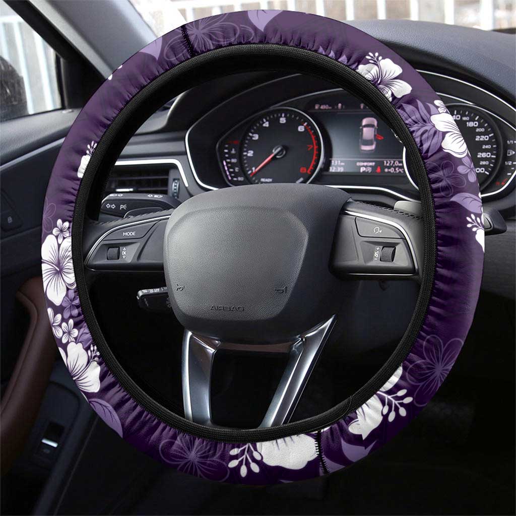 Hawaiian Hibiscus Tribal Floral Purple Steering Wheel Cover Polynesian Tapa Pattern - Polynesian Pride