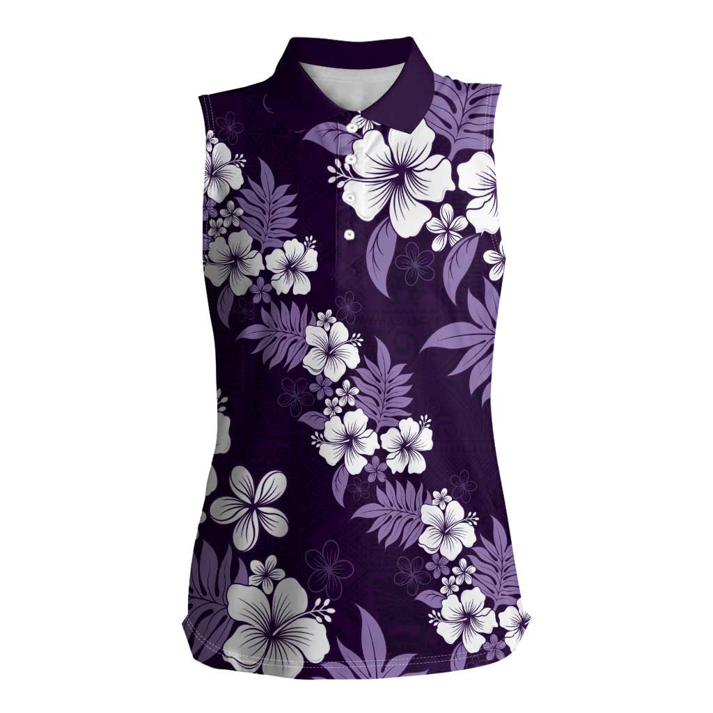 Hawaiian Hibiscus Tribal Floral Purple Women Sleeveless Polo Shirt Polynesian Tapa Pattern LT01 Female Purple - Polynesian Pride