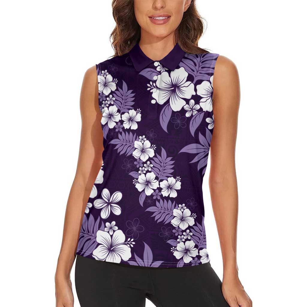 Hawaiian Hibiscus Tribal Floral Purple Women Sleeveless Polo Shirt Polynesian Tapa Pattern LT01 - Polynesian Pride