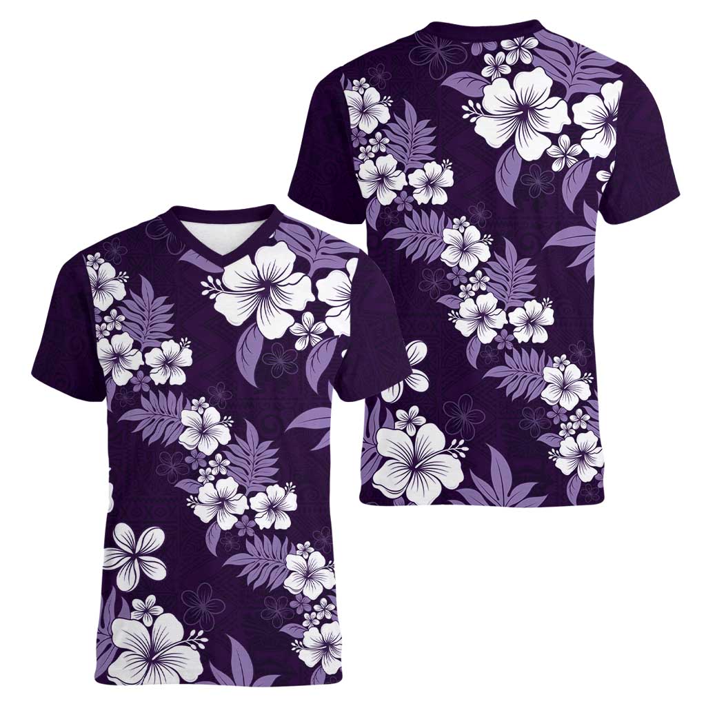 Hawaiian Hibiscus Tribal Floral Purple Women V-Neck T-Shirt Polynesian Tapa Pattern LT01 - Polynesian Pride
