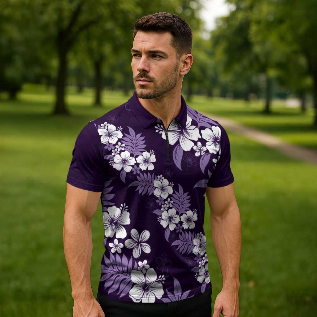 Hawaiian Hibiscus Tribal Floral Purple Zipper Polo Shirt Polynesian Tapa Pattern - Polynesian Pride