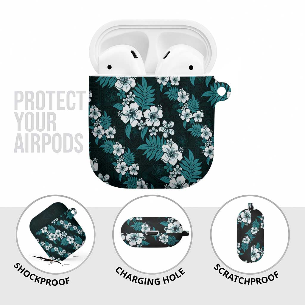Hawaiian Hibiscus Tribal Floral Teal AirPods Case Polynesian Tapa Pattern - Polynesian Pride