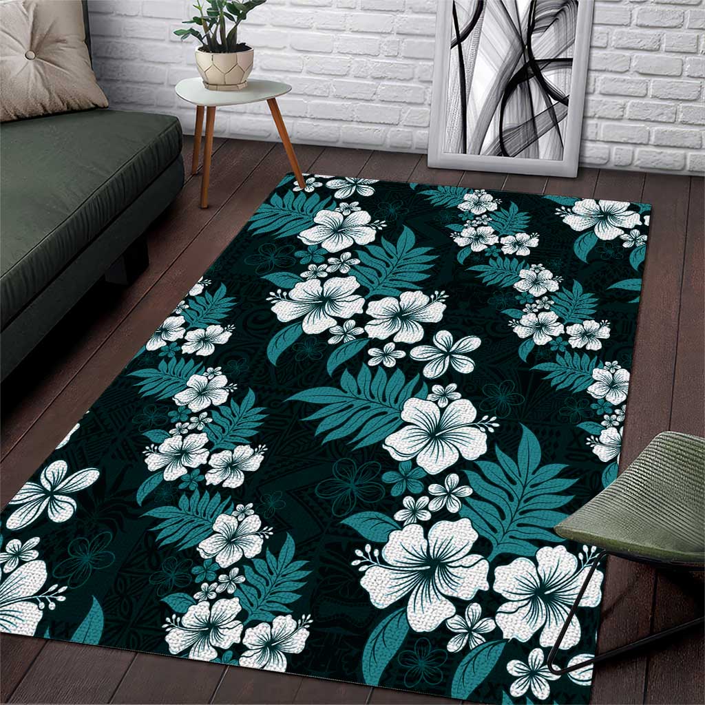 Hawaiian Hibiscus Tribal Floral Teal Area Rug Polynesian Tapa Pattern - Polynesian Pride