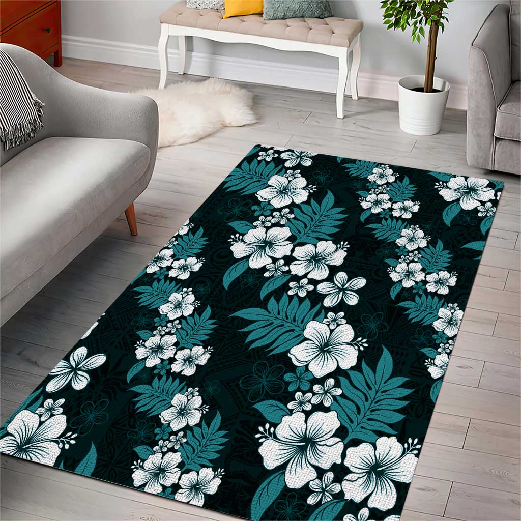 Hawaiian Hibiscus Tribal Floral Teal Area Rug Polynesian Tapa Pattern - Polynesian Pride